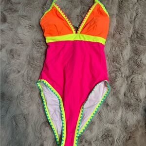 Neon Pink and Orange Women's One-Piece Swimsuit